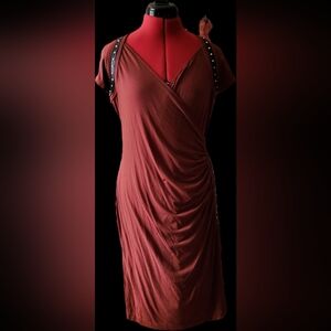Carmen Marc Valvo Faux Leather Studded Trim. Color Burnt Sienna. 7% Spandex